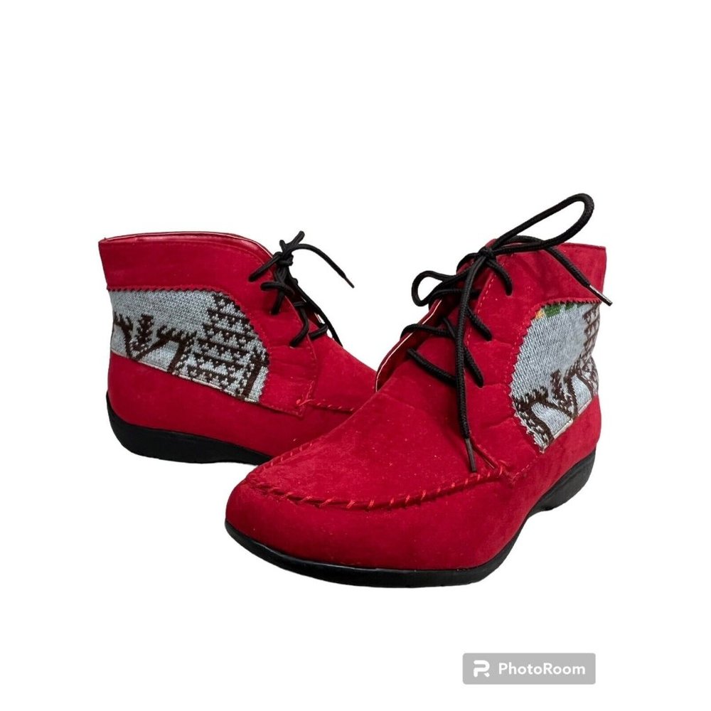 Women Ankle Moccasin Booties Ankle Boots Sz‎ 7W Red Faux Suede Lace Up Boho